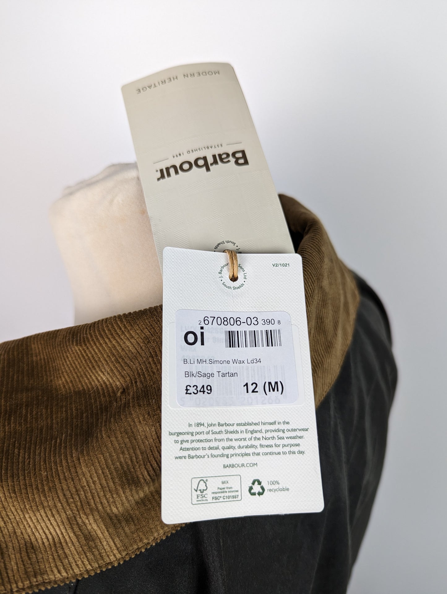 BARBOUR Womens Simone Wax Jacket - Black/ Sage Tartan