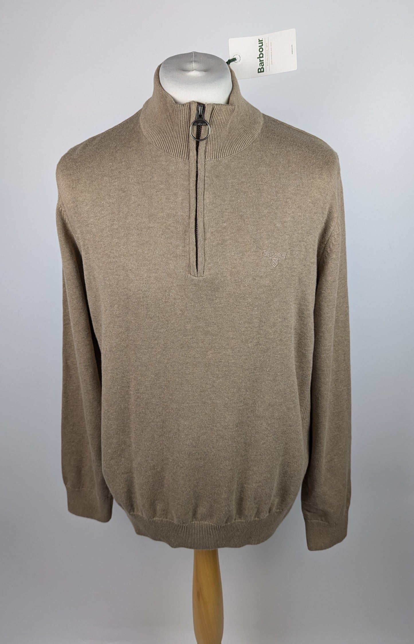 Barbour Mens Cotton Half-Zip Jumper - Khaki Brown / Green