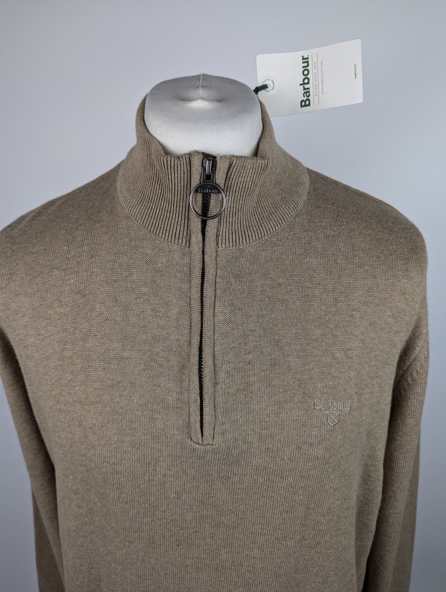 Barbour Mens Cotton Half-Zip Jumper - Khaki Brown / Green