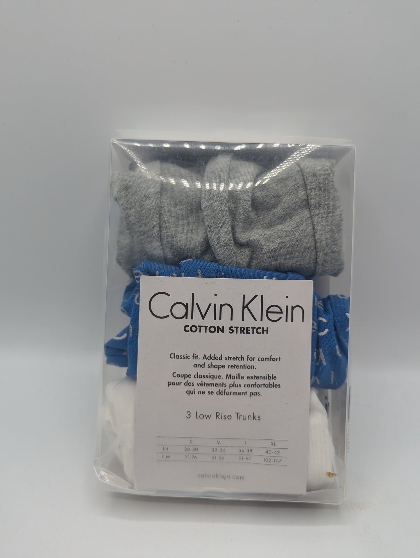 CALVIN KLEIN 3 Pack Cotton Stretch Low Rise Boxer Trunks - Grey / White / Blue