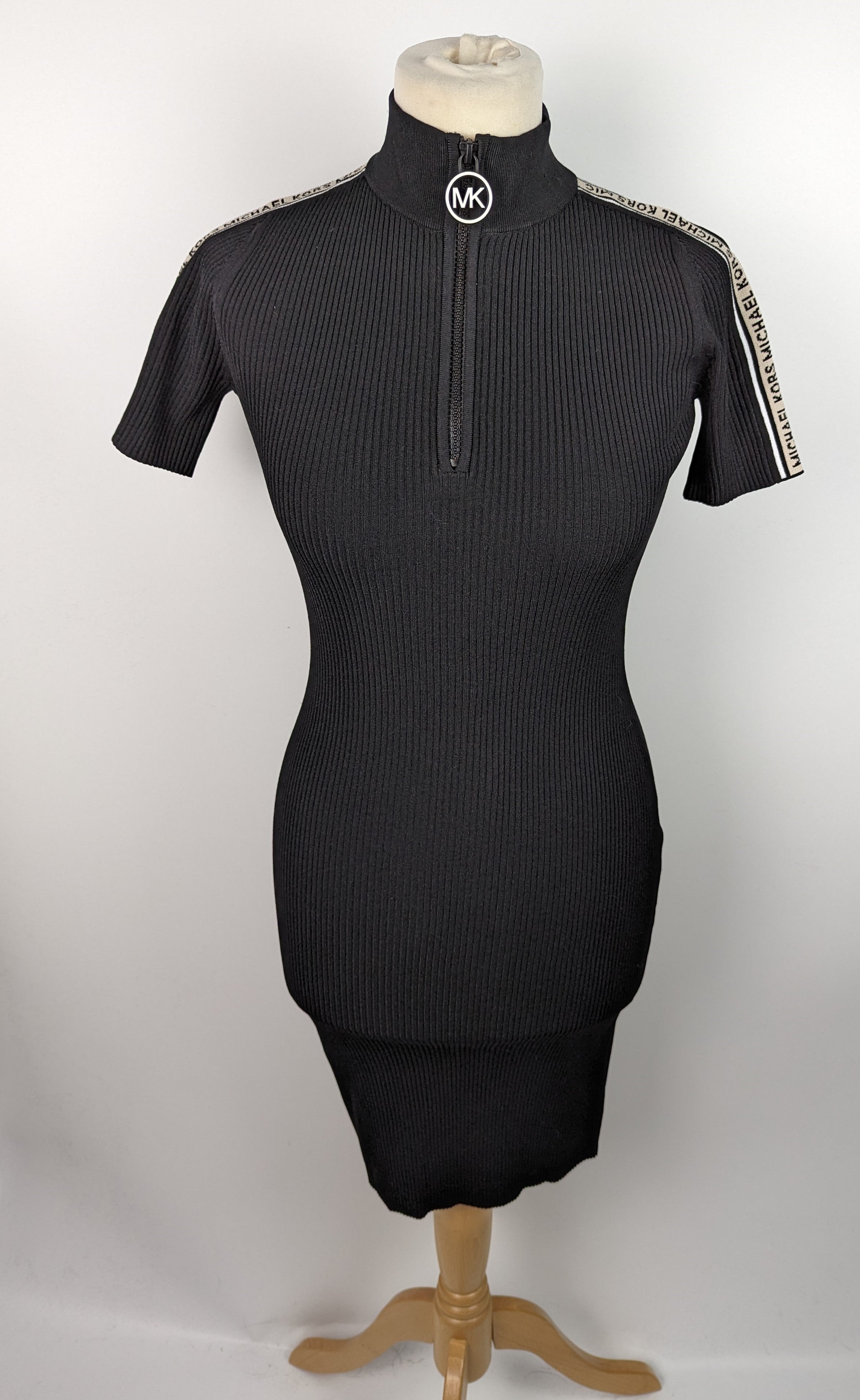 MICHAEL KORS Womens Ribbed Logo Tape Sweater Dress Black Dandii