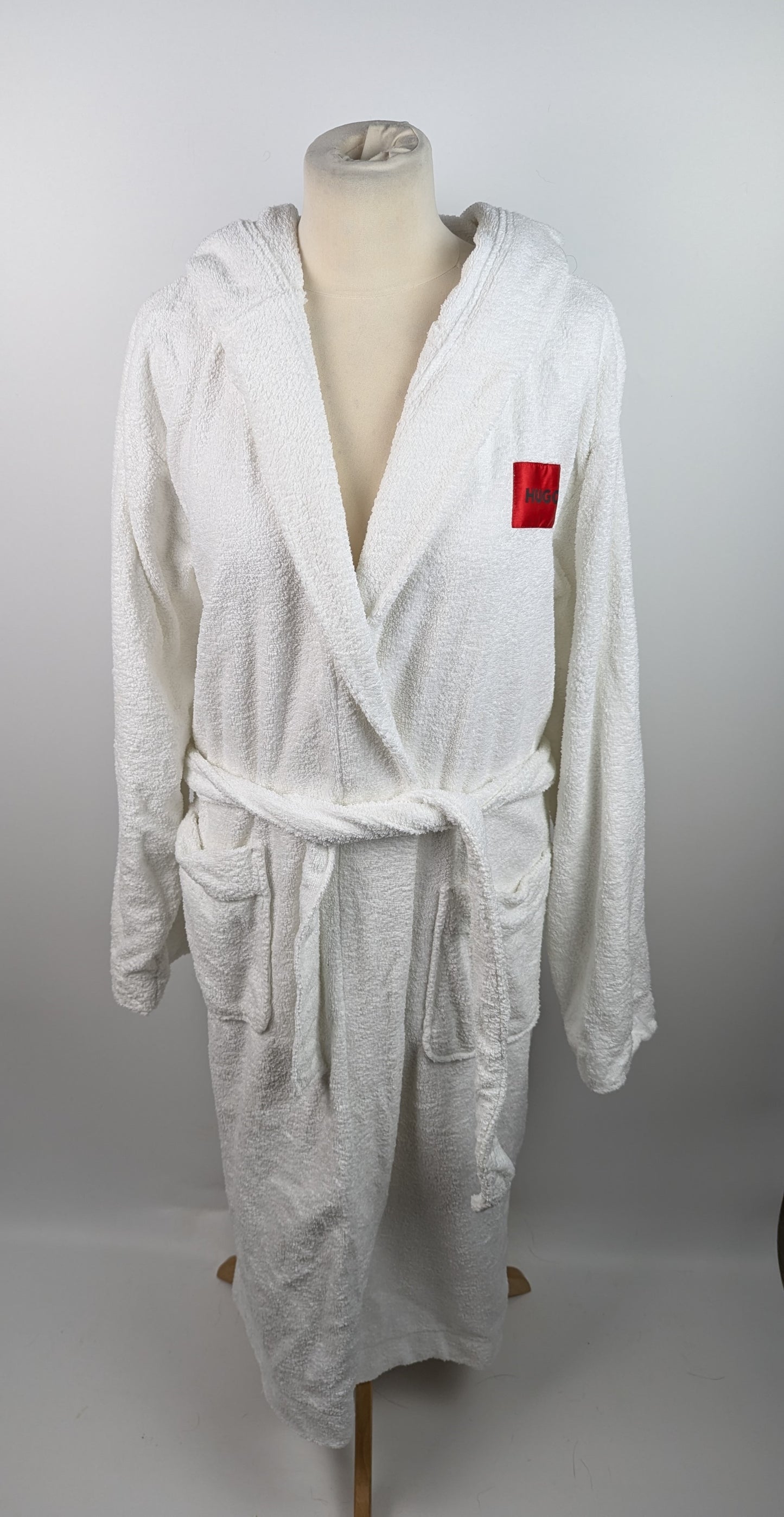 Hugo Cotton Terry Red Logo Dressing Gown - White