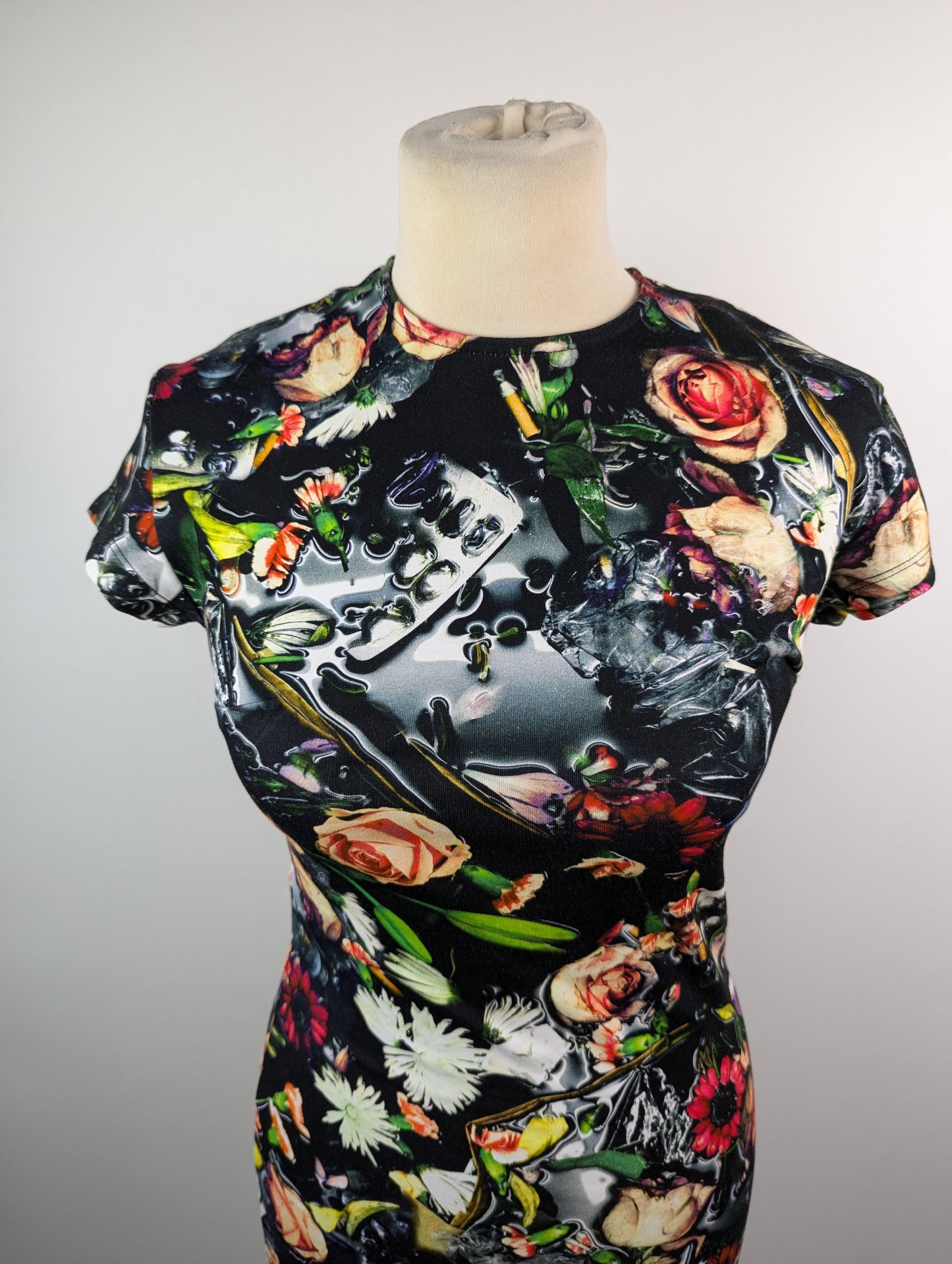 Alexander McQueen Womens Festival Floral Printed Jersey Dress - Black / Multi