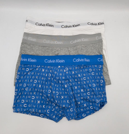 CALVIN KLEIN 3 Pack Cotton Stretch Low Rise Boxer Trunks - Grey / White / Blue