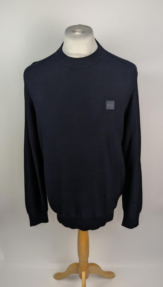 Boss Men's Anion Orange Cotton Cashmere Long Sleeve Jumper - Navy