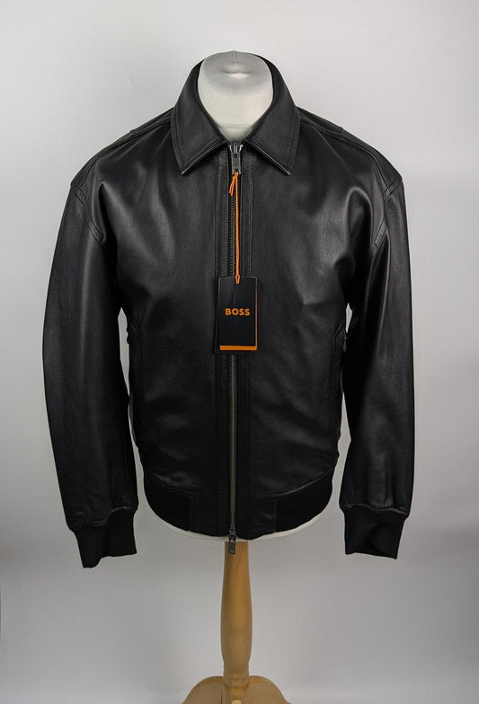 Boss Mens Joloco Leather Jacket Full zip - Black