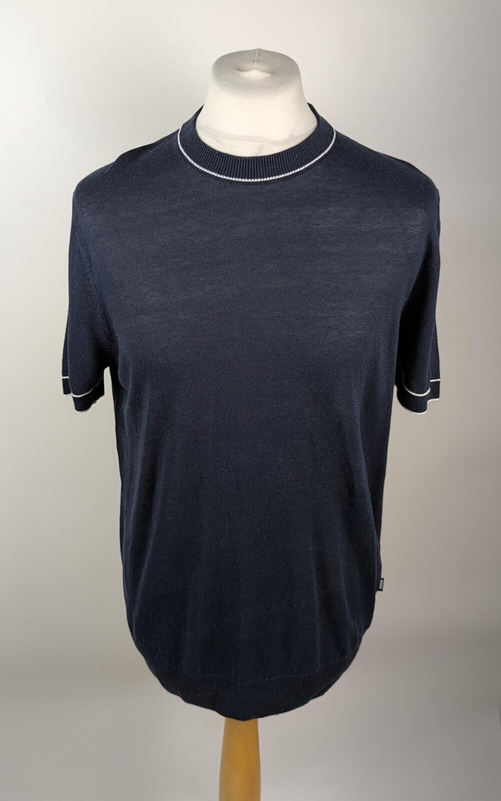 BOSS Mens Jiovanni t-shirt knitted linen blend -Navy blue