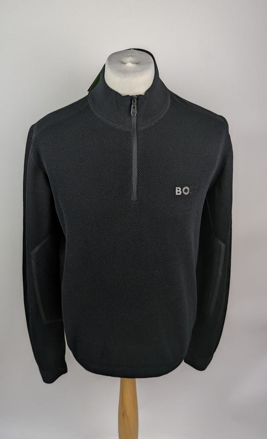 Boss Men's 1/4 Zip Neck Cotton Long Sleeve Jumper - Black
