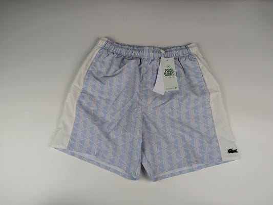 Lacoste Monogram Mens Print Swim Trunks - Light Blue / White