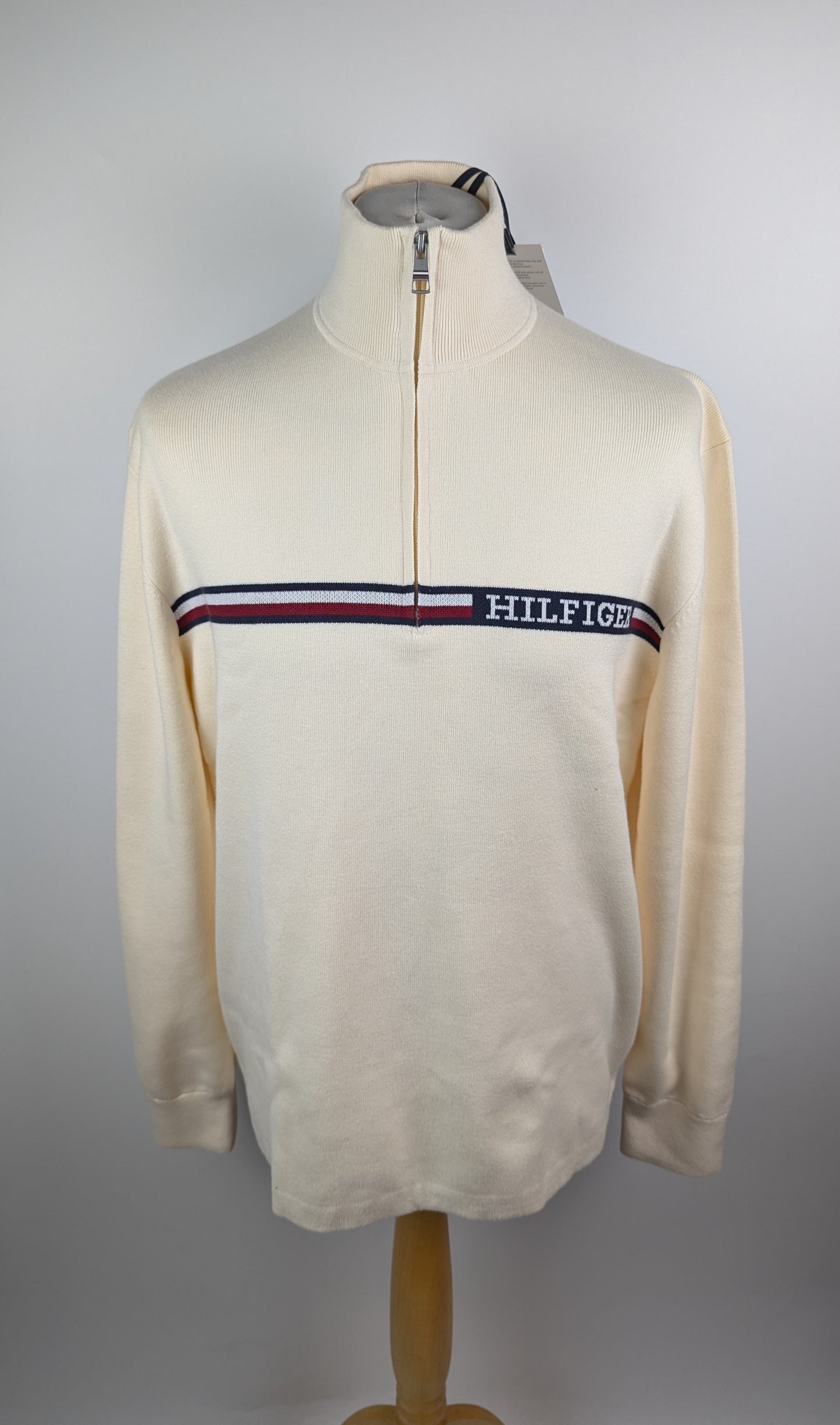 Tommy Hilfiger Global Stripe Zip Mock Neck Jumper - Cream