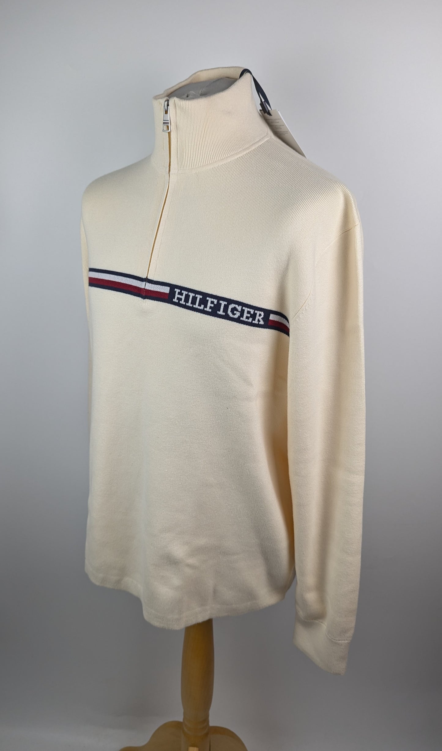 Tommy Hilfiger Global Stripe Zip Mock Neck Jumper - Cream